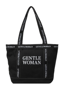 Grande borsa tote in tela nera con stampa GENTLE WOMAN bianca e manici robusti