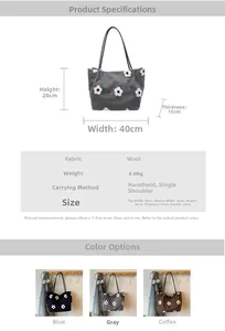 Detailed size specifications of the floral wool tote bag with strap height 28cm