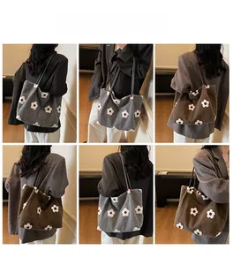 Chic floral wool tote bag showing grey and brown options in various lifestyle angles