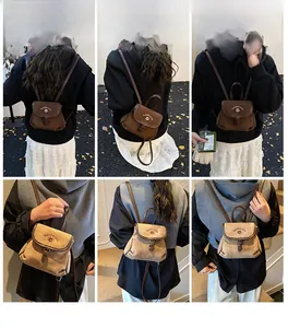 Detailed views of vintage matte bucket backpack featuring floral embroidery and flap closure