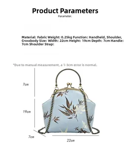 Detail showing dimensions of blue bamboo fabric handbag with chain and metal handle