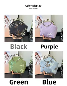 Detail of four retro satin shell bags featuring elegant bamboo embroidery and metal frames