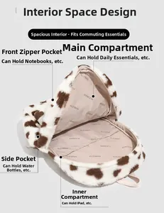 Detail view of plush cow print backpack interior compartments for iPad and accessories