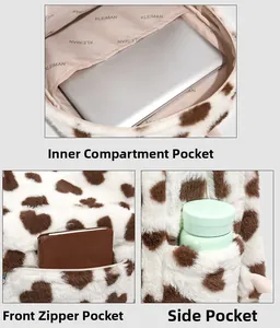 Detail view of plush backpack featuring laptop compartment, front zip pocket, and side pouch