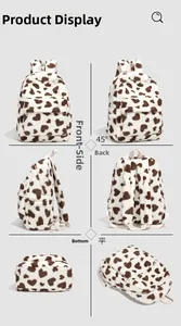 Detailed views of white plush backpack with heart pattern from six different angles