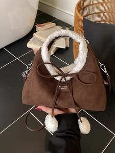 Sac Bandoulière Femme en Suédine et Laine d'Agneau Artificielle Forme de Boulette Automne Hiver Décontracté Nœud Balle en Peluche