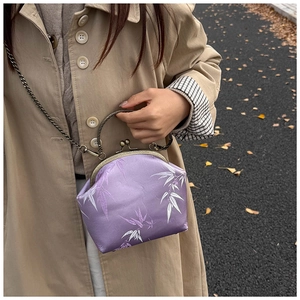 Purple retro silk bag with white bamboo leaf patterns and vintage metal clasp chain