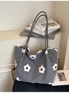 Grey plush tote bag with white flower patterns and leather shoulder strap for autumn