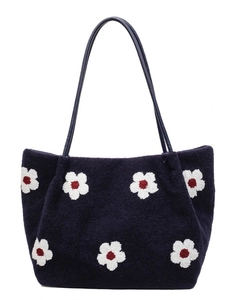 Large capacity navy blue felt tote bag with white flower patterns and leather straps
