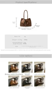 Detailed size chart and specifications for large PU tote bag with bear charm and colors