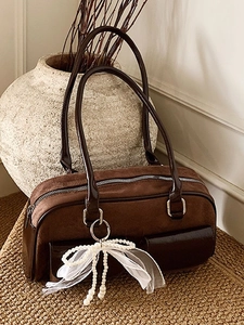 Women Retro PU Underarm Bag Large Capacity Tote Artificial Pearl Bow Lace Charm Vintage French Style Shoulder Bag Daily Commuting