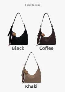 Detailed comparison of hobo shoulder bags in black, coffee, and khaki with teddy charms