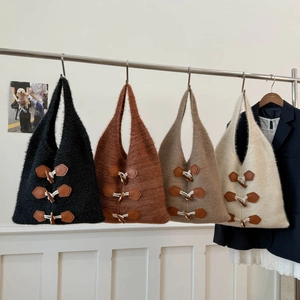 Knit tote bag with retro horn buttons and fuzzy texture in multiple colors