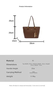 Detailed dimension chart showing a large brown PU leather tote bag with gold tassel
