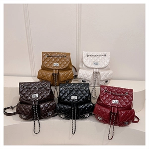 Quilted faux leather backpacks in multiple colors with metallic twist locks and chain straps