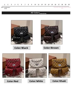 Detail of quilted leather backpack showing chain straps and multiple color options