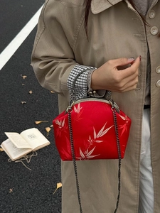 Vintage red satin shell bag with white bamboo leaf embroidery and metal chain strap