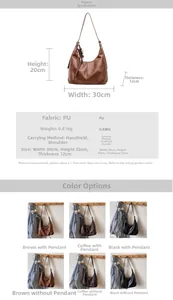 Detailed view showing vintage PU hobo bag dimensions 30x20x12cm and color options