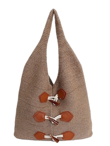 Oatmeal knit tote bag with vintage toggle button accents and woven shoulder straps