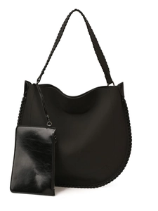 Retro black large capacity hobo shoulder bag with woven details and detachable small pouch
