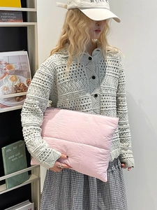 Fashionable light blue hollow crochet knit cardigan with a collar and button closure
