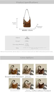 Size guide for PU suede tote bag showing dimensions, weight, and strap length details