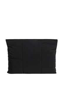 Minimalist black quilted clutch bag made of puffy nylon material with rectangular patterns