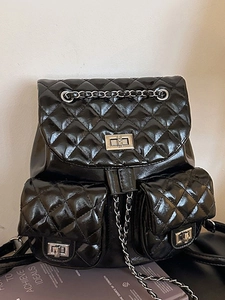 Women Retro Quilted Rhombic Backpack Fashion PU Leather Chain Large Capacity Backpack With Swivel Lock Lady Commute Travel Bags