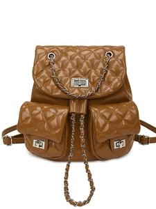 Brown quilted leather backpack with diamond pattern, chain straps and silver metal locks