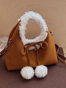 Sac Bandoulière Femme Hiver en Daim Synthétique Garniture Peluche Nœud Doux Pompon Décor Sac à Main Mode Décontracté