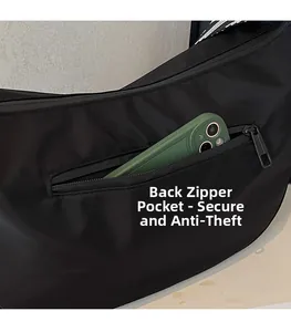 Detailed view of the anti-theft back zipper pocket on a black oxford fabric crossbody bag