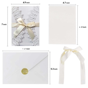 Detailed components of white hollow laser cut invitation cards with precise size dimensions