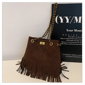 Detail of dark brown suede bucket bag with long fringe and vintage gold twist lock