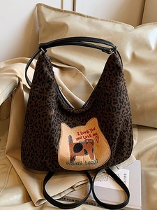 Grand Sac Cabas Imprimé Léopard pour Femmes Sac à Épaule Hobo Vintage Avec Broderie de Patch Chat en Cuir PU Sac Quotidien