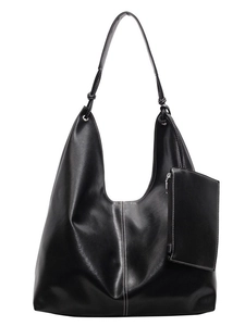 Grande borsa a spalla nera in ecopelle lucida con cuciture a contrasto e pochette