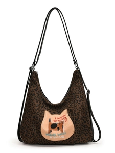Sac hobo en toile léopard avec broderie chat et bandoulière en cuir réglable