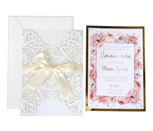 Elegant laser cut dark purple wedding invitation with white ribbon and floral card set