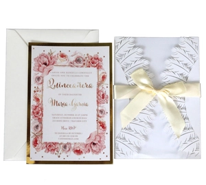 Laser cut white feather wedding invitation set with champagne ribbon and floral inner card