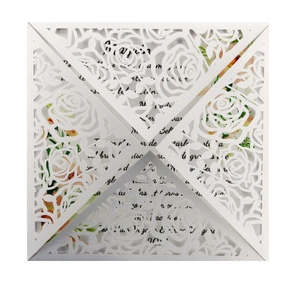 Elegant white laser-cut rose floral wedding invitation card with delicate inner page