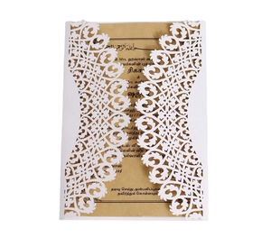 Laser cut floral hollow invitation cover in white with kraft paper insert for weddings