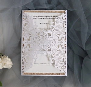 Laser cut white floral invitation with gold glitter border for 40th birthday parties