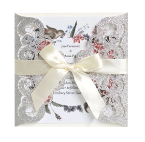 Glitter Laser Cut Wedding Invitation Set With Satin Ribbon Bow Elegant Floral Inner Card Party Engagement Greeting Cards