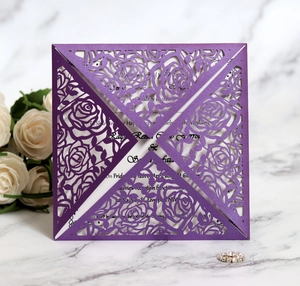 Detailed laser cut purple rose pattern on pearl paper wedding invitation sleeve