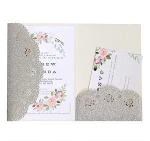 Silver laser cut rose glitter wedding invitation set with floral inner card and RSVP