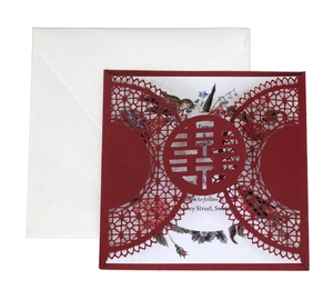Detail of laser-cut red wedding invitation with traditional Xi character and floral insert