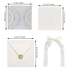 Detail view of laser cut wedding invitation set with dimensions for card and envelope