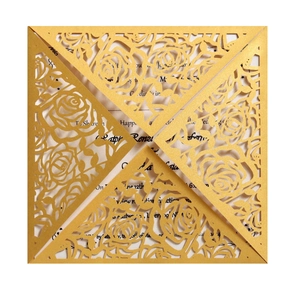 Square golden laser-cut rose wedding invitation card with white inner page insert