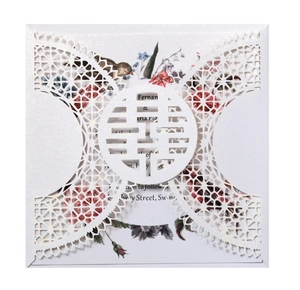 Laser cut Chinese wedding invitation with Double Happiness symbol on white pearl paper