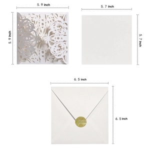 White laser cut lace wedding invitation set with square cards and gold seal envelopes