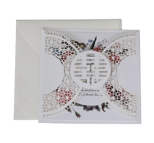 Detailed laser-cut wedding invitation featuring a pink floral inner card and white Xi character